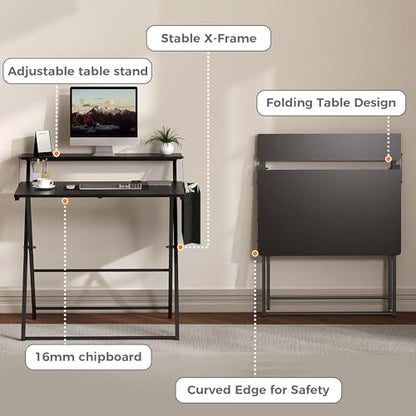 Small Desk No Assembly,31.5Inch 2-Tier Compact Computer Desk with Shelf & Side Pocket,Space Saving Foldable Table for Home Office, Bedroom or Apartment,Portable Collapsible Sturdy Laptop Desk,Black - color: Black