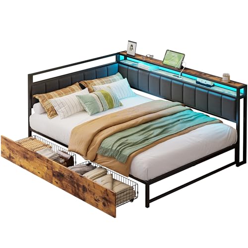 LIKIMIO 보관 서랍이 있는 풀 코너 침대 프레임, LED, 충전, 블랙 | 보관 선반 2개, 453.6kg(1000파운드) 용량, 덮개를 씌운 헤드보드, 2AC+USB 1개+타입 C 1개, 박스 스프링 없음 포함, 쉬운 조립 - color: 블랙., size: 풀
