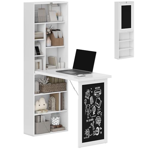 HOMCOM Foldable Convertible Writing Table Space-Saving Computer Desk White | Wall Mounted Design, Chalkboard, Storage Shelves, for Small Spaces, Home Office, Bedroom, Dorm, Apartment - color: White
