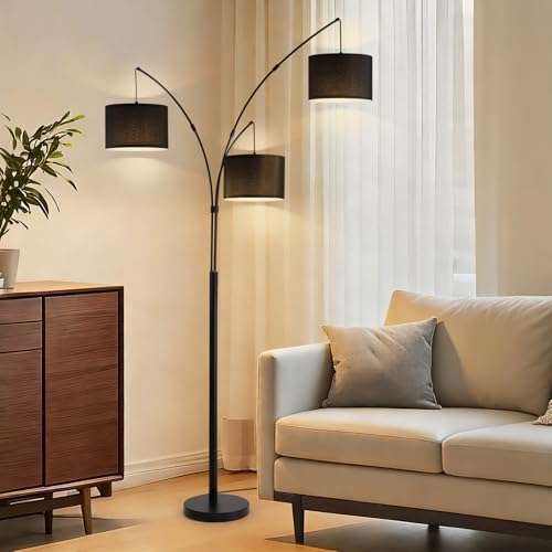 Netin 3 Light Arc Floor Lamps for Living Room, Led Floor Lamp with Remote Control, Modern 80" Tall Standing Lamp, 3 Color Temperature, Mid Century Tree Floor Lamp for Bedroom, Office (Black) - color: Matte Black-Black Linen Shade