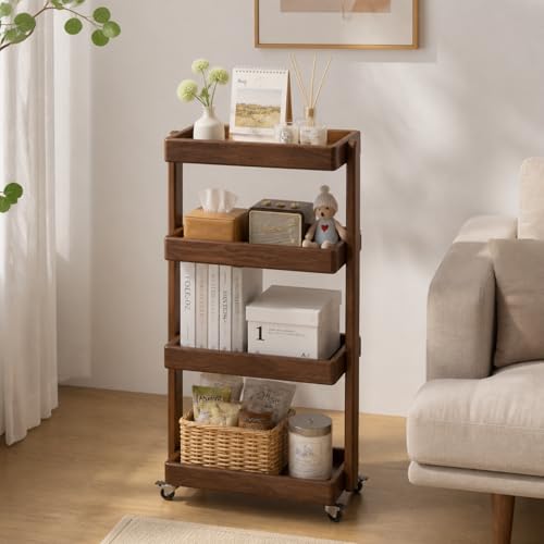 Small Narrow Side Table with Wheels, Skinny End Table for Small Spaces, 4 Tier Side Table for Living Room Bedroom(Walnut, 11.81" D x 15.75" W x 31.89" H) - color: Walnut, size: 11.81"D x 15.75"W
