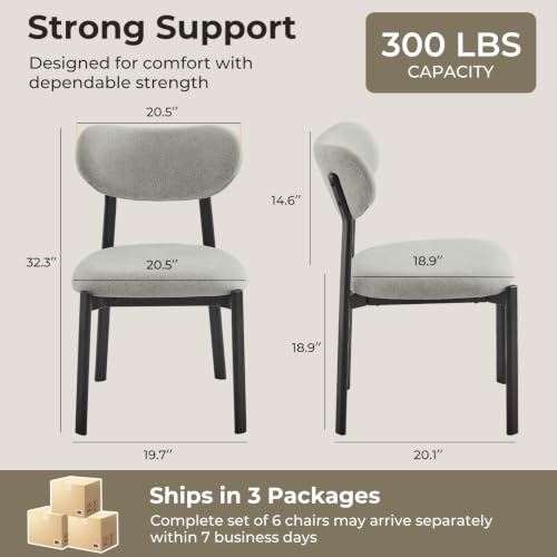 Dining Chairs Set of 6, Modern Upholstered Fabric Kitchen Chairs | Textured Fabric, Curved Back, Upholstered Seat, Metal Frame, Dining Room, Kitchen, Breakfast Nook, Restaurant, Soft Gray - color: Soft Gray, size: Set of 6