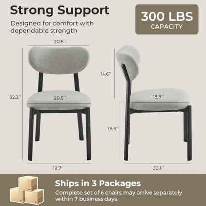 Dining Chairs Set of 6, Modern Upholstered Fabric Kitchen Chairs | Textured Fabric, Curved Back, Upholstered Seat, Metal Frame, Dining Room, Kitchen, Breakfast Nook, Restaurant, Soft Gray - color: Soft Gray, size: Set of 6