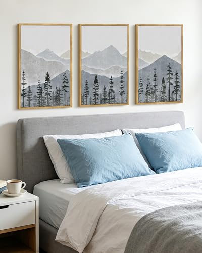 KUVIOKE Mountain Landscape Framed Wall Art Watercolor Nature Forest Painting Boho Farmhouse Rustic Room Decor for Bedroom Dining Room 16x24in (Natural Framed) - color: Blue Mountain, size: 16 x 24in x 3 Panels Natural