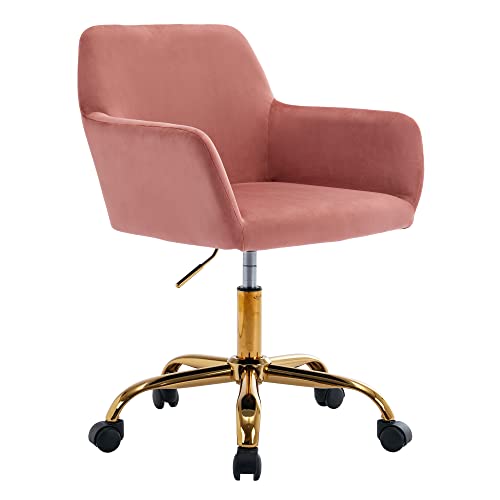 Velvet Makeup Vanity Chair,Home Office Desk Chair with Wheels, Rose | Fluffy Swivel Modern Armchair Upholstered Fuzzy Height Adjustable for Teens Women Girls Elegant for Living Room Bedroom - color: Rose