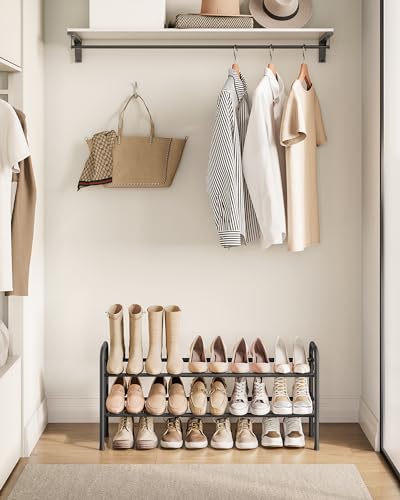 SONGMICS Expandable Shoe Rack, 2 Tier Shoe Rack Shelf, Adjustable Shoe Organizer Storage for 15 Pairs of Shoes, Metal Free Standing Shoe Racks for Closet, Front Door Entryway, Easy Assembly, Ink Black - size: 2 Tier (16.5"H)