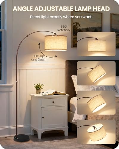75" Arc Floor Lamp with Marble Base and Adjustable Height, Rotating Hanging Shade, Dimmable Floor Lamp for Living Room with Remote and Foot Switch, 3CCT, Over Couch Arched Light, Beige Brown VE15LD05 - color: Brown + Beige