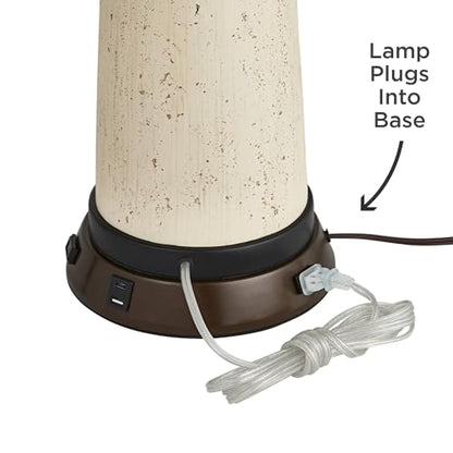 Rocco 30" Large Table Lamp White Ceramic USB Workstation Base Oak Wood | Mid Century Modern Charging Ports and AC Power Outlet Living Room Bedroom House Bedside Nightstand Office Home Tan Drum Shade - color: White Ceramic with USB Workstation Base