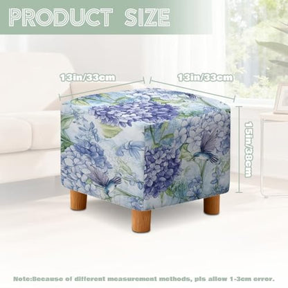 Hummingbird Hydrangea Print Ottoman Cover, Stretch Square Ottoman Slipcovers Machine Washable Foot Stool Cover for Living Room, Folding Storage Furniture Protector - color: Hummingbird Hydrangea