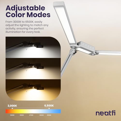 Neatfi Pro LED Desk Lamp | 3,000 Lumens | Dimmable 30W Desk Light | 360 SMD LEDs | CRI 95 | Adjustable Color Temperature | Home, Office, or Workbench (Silver, 41-Inch, CCT with Clamp) - color: Silver