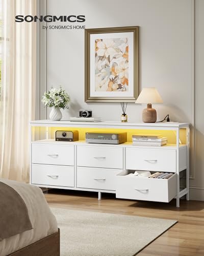 SONGMICS BELLAH Collection - Dresser for Bedroom, Chest of Drawers, TV Stand for TVs Up to 65 Inches, Living Room, Closet, 6 Drawers and 1 Shelf, Modern, Cloud White ULGS834WH02S - color: Cloud White, size: 13.8"D x 57.8"W x 26.8"H (6 Drawers)