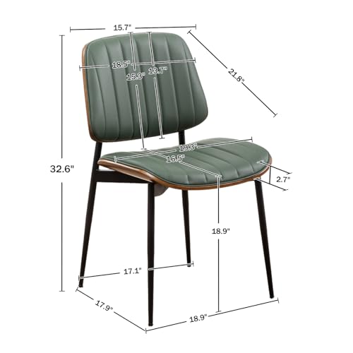 LUNLING Dining Chairs Set of 4 Mid Century Modern Retro Faux Leather Chair with Walnut Bentwood Upholstered Seat Metal Legs Chairs,Adjustable Foot for Kitchen Dining Room Chairs(Green) - color: Green, size: Set of 4