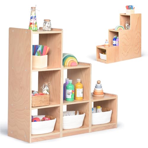 Cube Storage Cabinet, L-Shaped Reversible Ladder Corner Bookshelf | Modular 3-Piece Wooden Freestanding Organizer with 6-Cube for Kids Room & Home Office