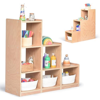 Cube Storage Cabinet, L-Shaped Reversible Ladder Corner Bookshelf | Modular 3-Piece Wooden Freestanding Organizer with 6-Cube for Kids Room & Home Office