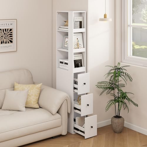 ARTETHYS Tall Narrow Bathroom Storage Cabinet with Side Rack & Drawers | 3-Level Adjustable Shelves, Slim Free Standing Space Saver Organizer for Living Room Kitchen, Classic White - color: White With Side Rack
