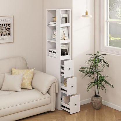 ARTETHYS Tall Narrow Bathroom Storage Cabinet with Side Rack & Drawers | 3-Level Adjustable Shelves, Slim Free Standing Space Saver Organizer for Living Room Kitchen, Classic White - color: White With Side Rack