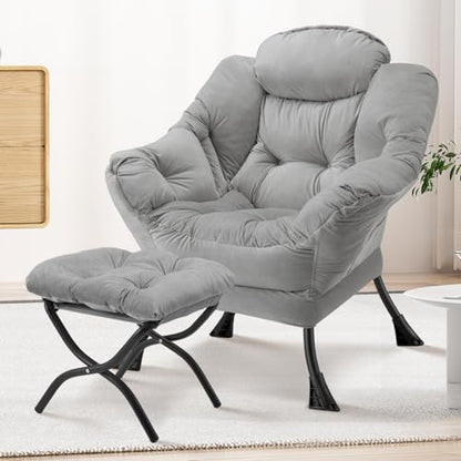 Lazy Chair with Folding Ottoman Modern Large Accent Chair,Contemporary Lounge Leisure Sofa Chair with Armrests Upholstered Sofa Armchair Reading Chair for Bedroom,Dorm&Office (Light Grey-f) - color: Light Grey