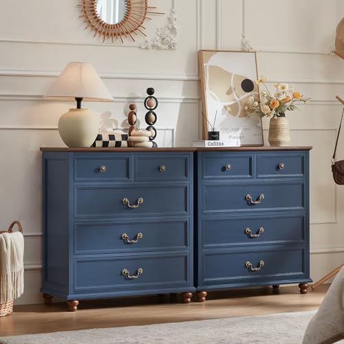 Joaxswe Farmhouse 5 Drawer Dresser Set of 2 for Bedroom, 35" Tall Rustic Chests of Drawers w/ 4 Solid Wood Feet, Mid Century Vintage Wooden Closet Storage Dressers Organizer for Living Room, Blue - color: Blue, size: 15.7"D x 31.5"W x 35.2"H (5 Drawers)