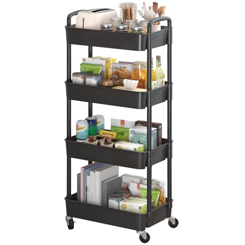 Sywhitta 4-Tier Plastic Rolling Utility Cart with Wheels for Storage, Black | Multi-Functional Storage Trolley, for Office, Living Room, Kitchen, Bathroom,Movable Organizer,Space-Saving,Easy to assemble - color: Black, size: 4-tier
