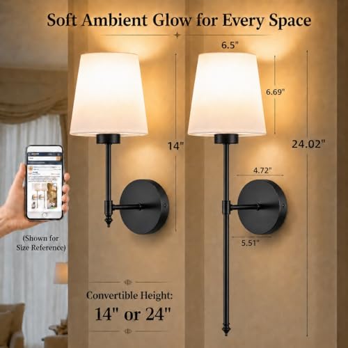 IRONPAX Wall Sconces Battery Operated Set of 2, Wireless Rechargeable Wall Sconce Set of Two, Dimmable Wall Lights with Remote for Bedroom Living Room Hallway Decor (Black, Fabric Shade) - color: Black