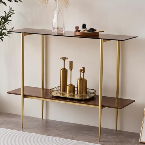 LumFurn Glass Console Table for Living Room, Foyer & Entrance, 2-Tiers Mid-Century Modern Sofa Table with Amber Glass Top, Walnut Finish Wood Shelf and Gold Finish Frame - color: L40.9" Amber & Walnut