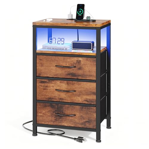 OLIXIS Nightstand with Charging Station, 3 Fabric Drawers Bedside Table | Night Stand with USB Type-C Ports, AC Outlets, Dimmable LED Light, Tall Narrow End Table for Small Bedroom, Rustic Brown - color: Rustic Brown, size: 15.7"Dx11.8"Wx27.9"H(3-Drawer)