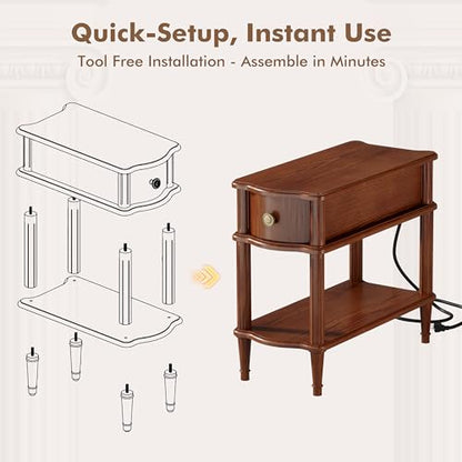 Nightstand with Charging Station & Drawer, Pre-Assembled Vintage Side Table with Shelf, Rustic Wood Finish Narrow End Table with Turned Legs for Bedroom Living Room, Caramel Walnut Brown, 1Pc