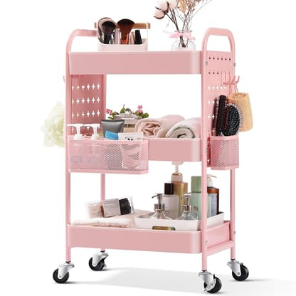 TOOLF 3-Tier Rolling Cart, Metal Utility Storage Cart with DIY Pegboards, Art Craft Trolley with Baskets Hooks, Organizer Serving Cart Easy Assemble for Office, Home, Kitchen, Classroom (Pink) - color: Pink