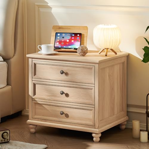 Joaxswe 24" Wide Farmhouse Night Stand,Large End Table with 3 Drawers & Metal Handle,Natural Wood Dresser for Bedroom Cabinet, Bed Side Table Chest of Drawers,Nightstand for Living Room,Close - color: Natural, size: 24"W (3 Drawers)