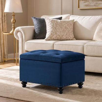 Zihanhome Velvet Storage Ottoman Bench, Button Tufted Ottoman with Hidden Storage, Upholstered Foot Rest Stool with Solid Wood Legs for Living Room, Bedroom, Entryway & Small Spaces (Sapphire Blue) - color: Velvet-sapphire Blue