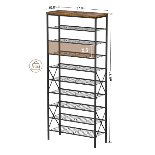 10-Tier Tall Shoe Rack, Large Capacity Shoe Shelf Holds40-45 Pairs, Shoe Shelf for Entryway, Hallway, Living Room, Rustic Brown - color: Rustic Brown, size: 27.8" x 10.8" x 65.7"