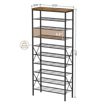 10-Tier Tall Shoe Rack, Large Capacity Shoe Shelf Holds40-45 Pairs, Shoe Shelf for Entryway, Hallway, Living Room, Rustic Brown - color: Rustic Brown, size: 27.8" x 10.8" x 65.7"