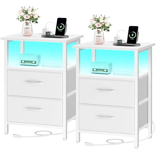 Nightstand Set of 2 with Charging Station, Bed side tables bedroom set of 2 with LED Lights, White Night Stands with 2 Fabric Drawers, 24.2" Tall Bedside Tables with Storage Shelf for Bedroom - color: White, size: 2 Pieces, style: With LEDs