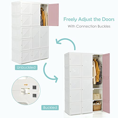 Tangkula Portable Closet Wardrobe, Foldable Clothes Organizer with Cubby Storage, Hanging Rods, Easy Assemble Clothing Storage with Magnet Doors, Folding Bedroom Armoire (10 Cubbies & 2 Rods)