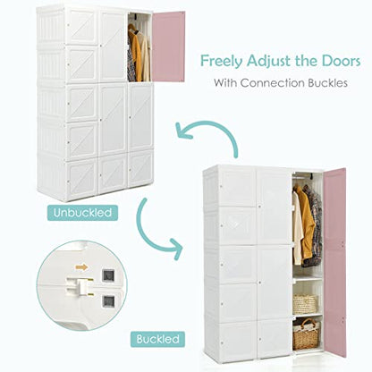 Tangkula Portable Closet Wardrobe, Foldable Clothes Organizer with Cubby Storage, Hanging Rods, Easy Assemble Clothing Storage with Magnet Doors, Folding Bedroom Armoire (10 Cubbies & 2 Rods)