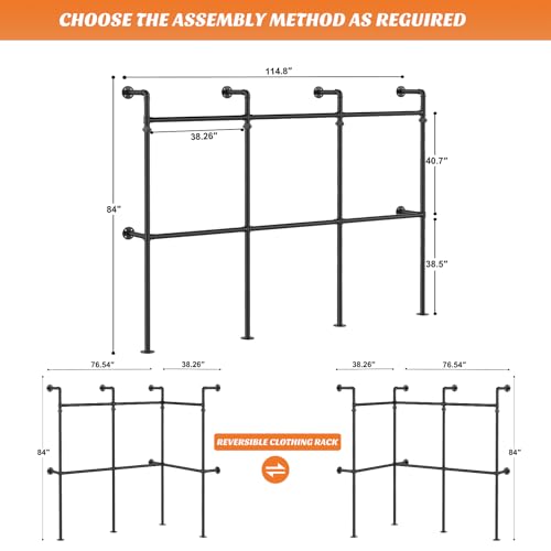 Aheaplus Industrial Pipe Clothing Rack, Reversible 9.85FT Clothes Rack for Hanging Clothes, Heavy Duty Garment Racks, Wall Mounted Closet Wardrobe Racks, Corner L Shaped Walk-in Closet System, Black - size: 118 inches