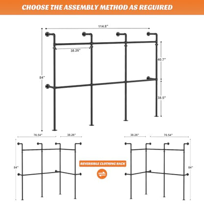 Aheaplus Industrial Pipe Clothing Rack, Reversible 9.85FT Clothes Rack for Hanging Clothes, Heavy Duty Garment Racks, Wall Mounted Closet Wardrobe Racks, Corner L Shaped Walk-in Closet System, Black - size: 118 inches