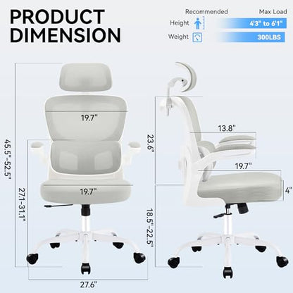 Ergonomic Office Chair, Desk Chair with Adjustable Lumbar Support | High Back Breathable Mesh Computer Chair with Adjustable Headrest,Hanger,Flip Up Armrest and Rocking Function for Home Office - color: Grey