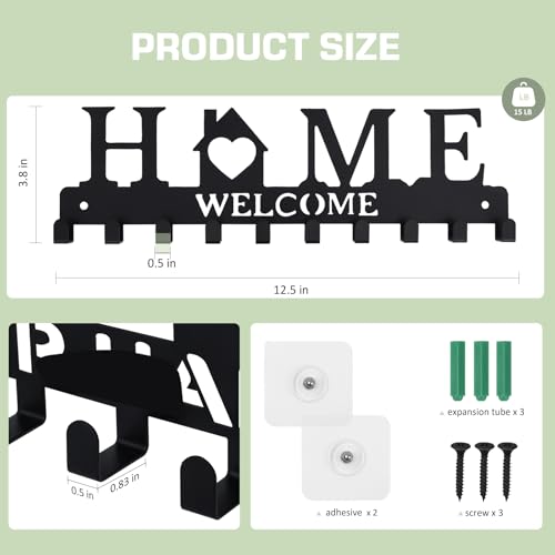 Key Holder Wall Mount, Adhesive Key Hanger with 10 Hooks, Black | Metal Material, 2 Mount Options, Compact Design, Cute Wall Decoration, Suit for Entryway, Doorway, Hallway, RV, Garage - style: 10 Hooks