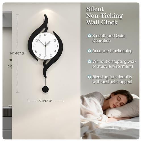 Modern Wall Clocks Battery Operated Large Decorative Wall Clock | Analog Silent Non-Ticking Black Iron Pendulum Clock for Living Room Kitchen Bedroom Farmhouse Office Decor 12.5x27.5inch - size: 12x27 in