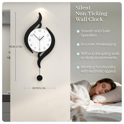 Modern Wall Clocks Battery Operated Large Decorative Wall Clock | Analog Silent Non-Ticking Black Iron Pendulum Clock for Living Room Kitchen Bedroom Farmhouse Office Decor 12.5x27.5inch - size: 12x27 in