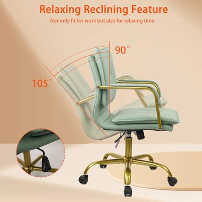 CLATINA Leather Home Office Desk Chairs, Swivel Mid-Back Computer Chair with Golden Legs and Arms, Comfy Upholstered Task Chair with Wheels, Green - color: Green
