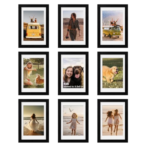 4x6 Picture Frame Set of 9, 6x4 Photo Frames with Plexiglass for 3.5x5 Pictures with Mat or 4x6 Without Mat, Art Collage for Wall Gallery and Tabletop Display, 4 x 6 Frame Black - color: Black, size: 4x6