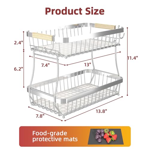 2-Tier Fruit Basket with Banana Hangers, Detachable Metal Bowl | Wooden handle, protective mats included. Versatile holder for bread, snacks, and veggies. Large 2 tier metal design. - color: Silver, size: 2 Tier