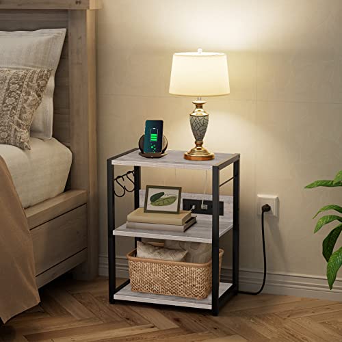 MAHANCRIS Industrial Printer Cart, 3-Tier Mobile Printer Stand, Rolling Cart with Power Outlets and USB Ports, Home Printer Stand with 2 Hooks, for Office, Living Room, Greige PTHG40E01 - color: Greige