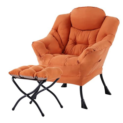 Welnow Lazy Chair with Ottoman, Reading Chair with Footrest，Orange | A Side Pocket,Armrests,Foldable Footrest,Thick Cushioned Seat & Backrest, Lounge Chair for Bedroom,Living Room & Small Space - color: Orange