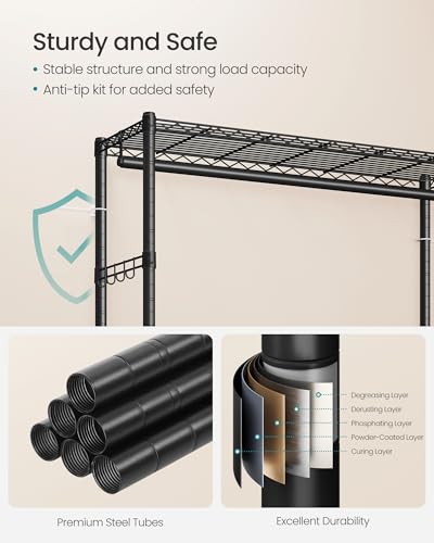 SONGMICS Heavy-Duty Rolling Clothes Rack, Garment Rack, Portable Closet on Wheels, with Adjustable Mesh Shelves and Hanging Rails, Hooks, 15.8 x 43.3 x 78.3 Inches, Ink Black ULGR417BH01 - size: 43.3"W