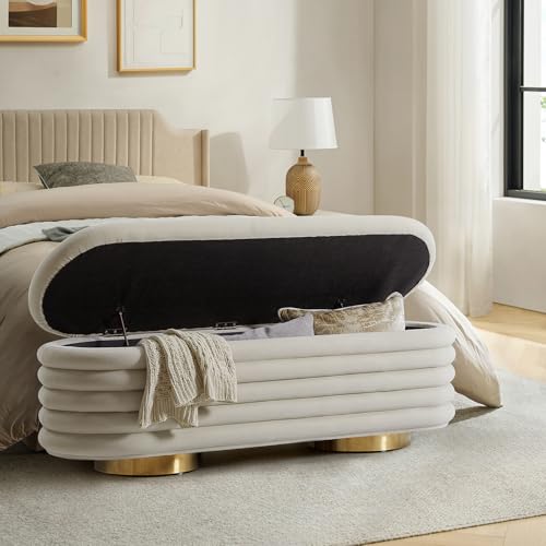 HULALA HOME Velvet Storage Bench, Large Upholstered Ottoman with Button Tufted Design for Living Room, Bedroom, Entryway, or Window, End of Bed Bench with Shoe Storage, Modern Home Decor, Tan - color: Tan