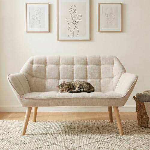 48" Small Loveseat Sofa, Modern Linen Fabric Mini Sofa Couch 2-Seater Love Seat with Quilting Backs and Wood Legs for Living Room, Bedroom and Small Space, Beige - color: Beige
