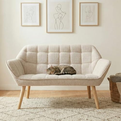 48" Small Loveseat Sofa, Modern Linen Fabric Mini Sofa Couch 2-Seater Love Seat with Quilting Backs and Wood Legs for Living Room, Bedroom and Small Space, Beige - color: Beige